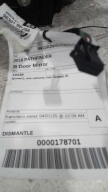 2018-2020 Nissan Pathfinder Right Door Mirror Red OEM Used 645831 141K Miles