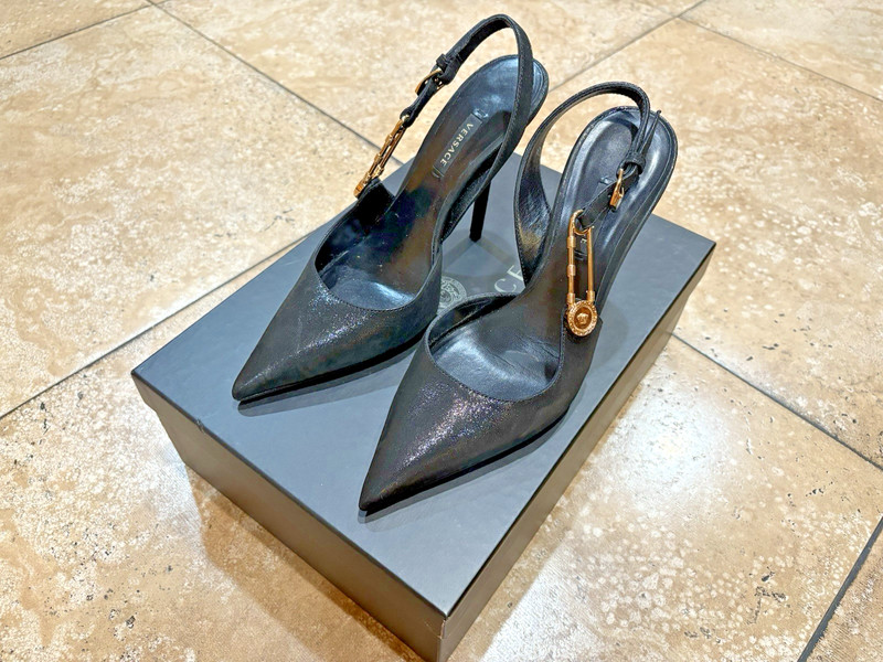 Versace Safety Pin Medusa Patent Leather Slingback Pumps Black 37.5