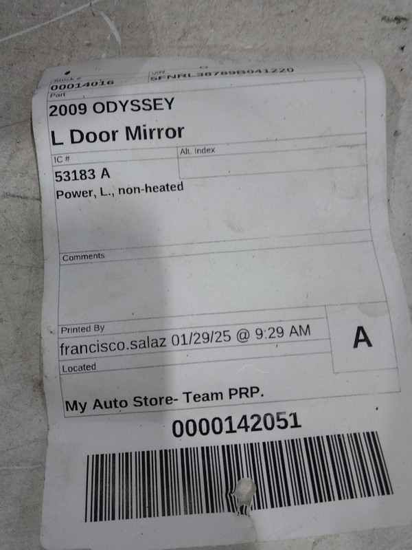 2009 Honda Odyssey Left Door Mirror Assembly OEM 469409 - Used, 214K Miles
