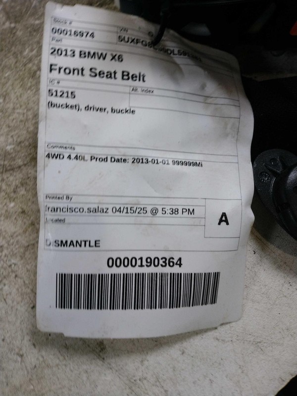 2013 BMW X6 OEM Black Seat Belt - Used, 155k Miles, Warranty Included