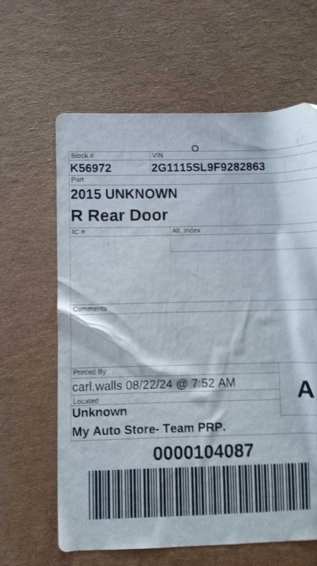 2015 Chevrolet Impala Rear Right Door Black Used 697264 98000 Miles