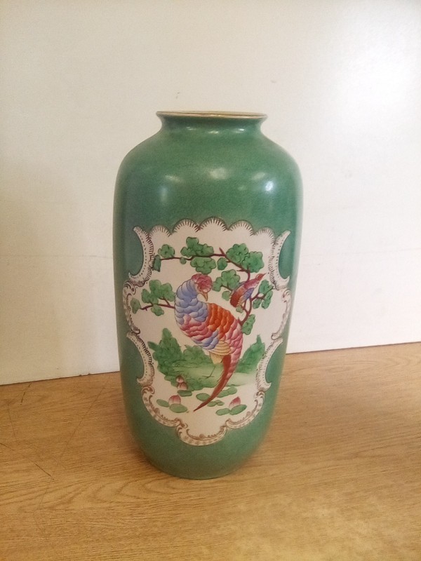 Vintage 14" Chinese Hand Painted Green Peacock Vase