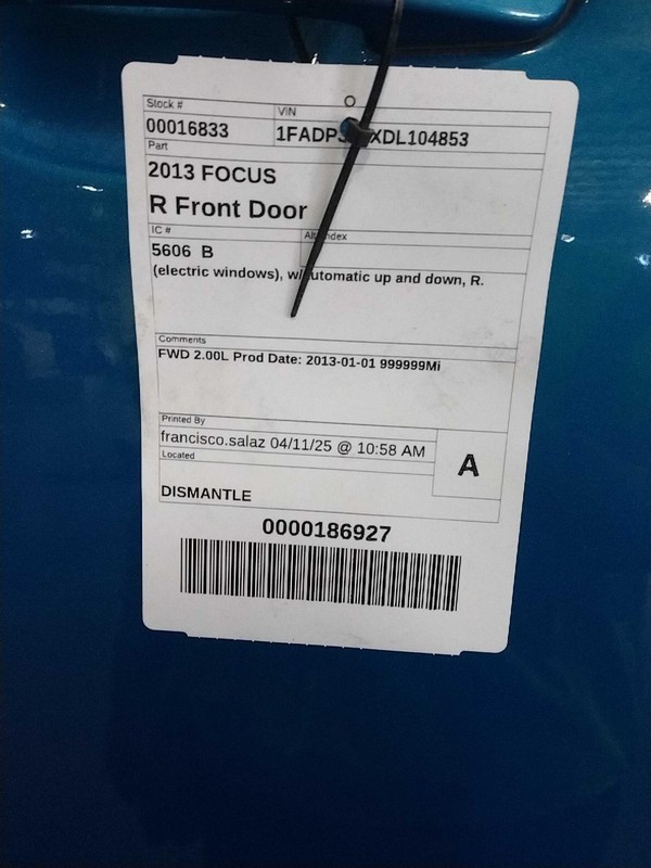 2013 Ford Focus Right Front Door Blue Used OEM 76000 Miles 127272