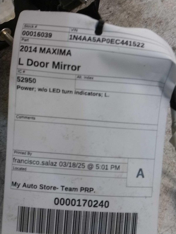 2014 Nissan Maxima Left Door Mirror Assembly Grey 597756 Used 153K Miles