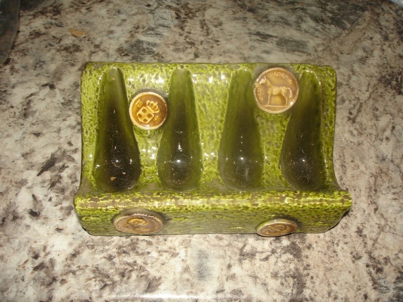Antique 4 Place Pipe Stand Holder Ceramic Green coins horse ship lego NICE
