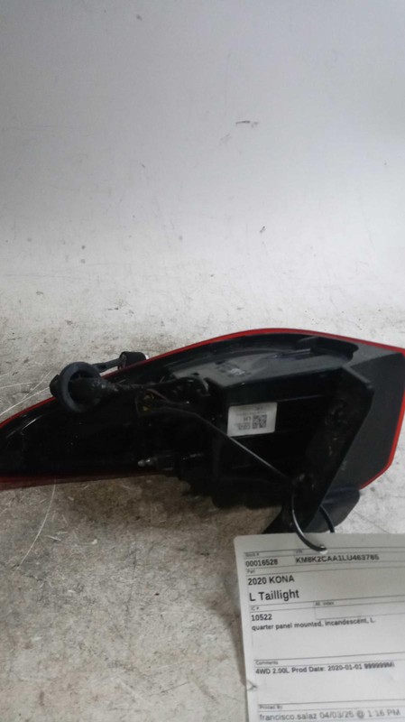 Used Left Tail Light Assembly fits: 2020 Hyundai Kona quarter panel mounted inca