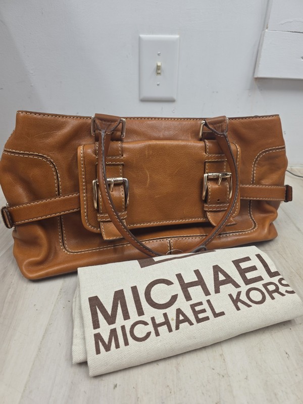 VINTAGE Michael Kors Tan Brown Leather Buckle Satchel shoulder Handbag Purse