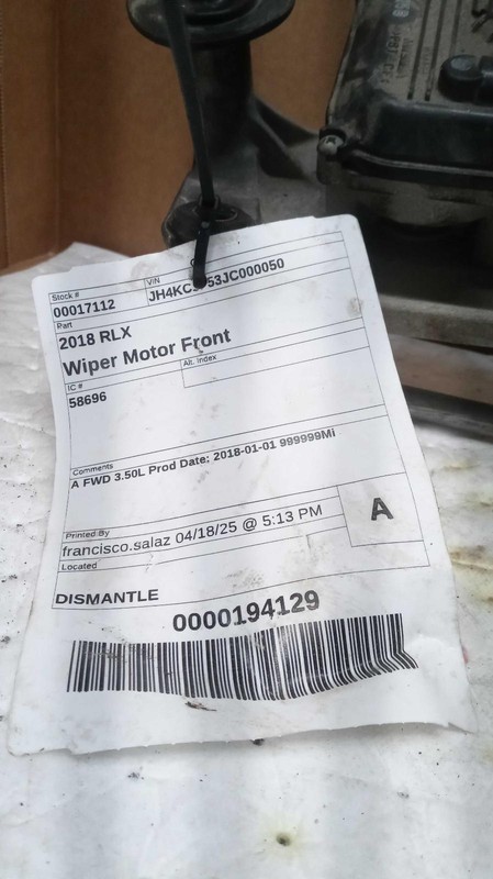 2018 Acura RLX Wiper Motor OEM 76505TY2A01 71K Miles Silver - 6 Month Warranty