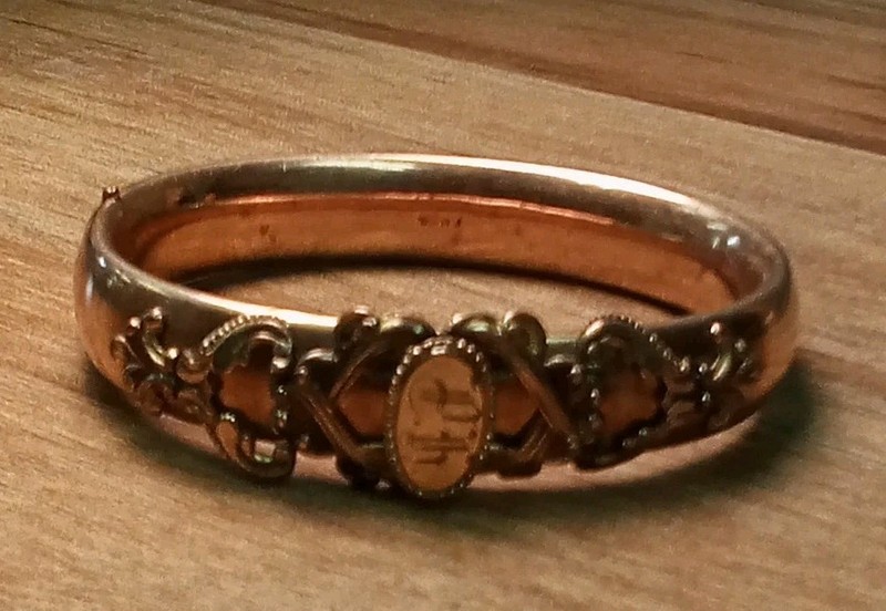 FM Co Antique Victorian Rolled Gold Engraved Cuff Bangle With Push Lock Clasp