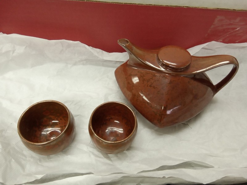Vintage Art Deco Ceramic Marbled Brown 3 Pc Tea Set. Tea Pot & 2 Cups.