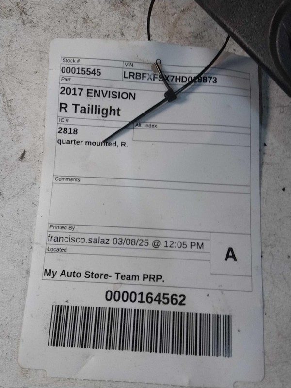 2017 Buick Envision Right Silver Tail Light Assembly, Used, 72000 Miles