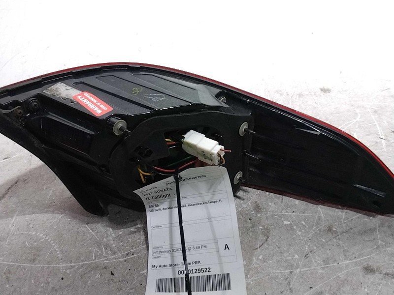 Used Right Tail Light Assembly fits: 2017 Hyundai Sonata VIN 2 5th digit lid mou