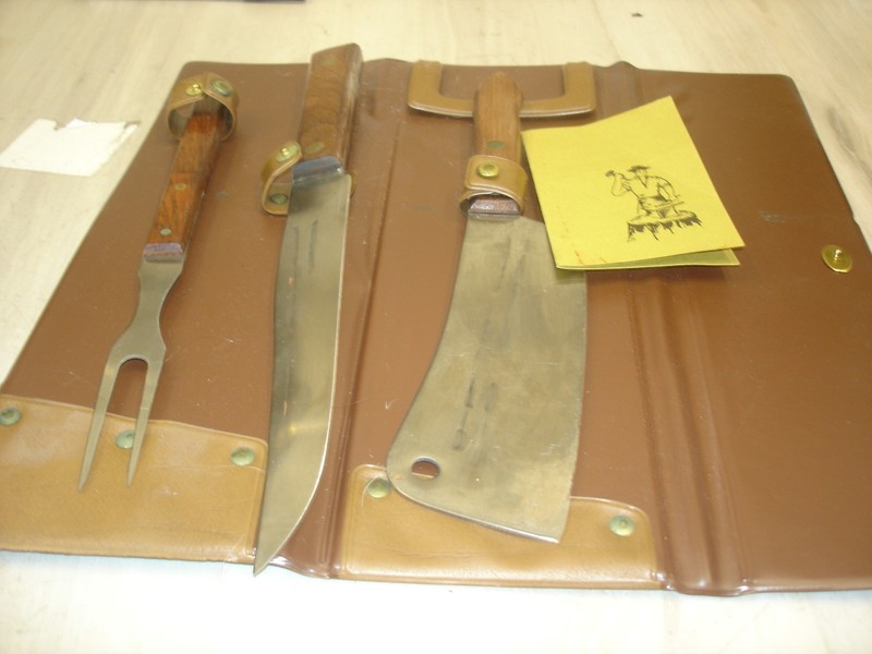 Vintage Vitronic 3 piece bar-b-q chef set knife cleaver fork in travel case USA
