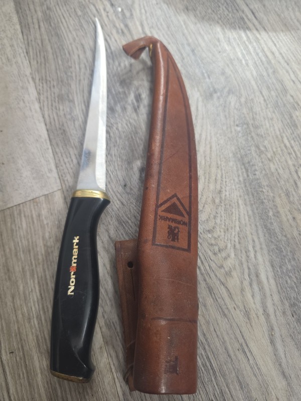 Vintage Normark Fiskars Finland 1967Stainless Fillet Knife w/Leather Sheath