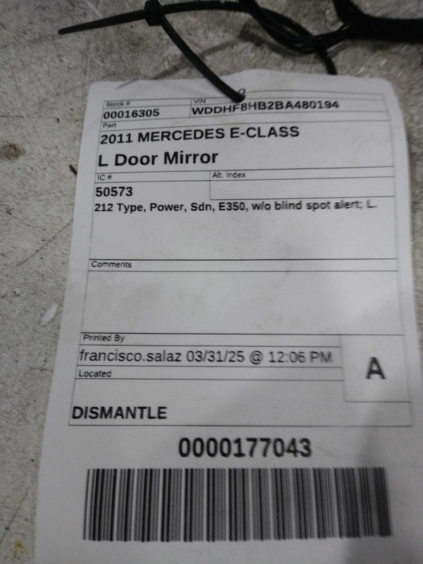 2011 Mercedes E-Class Left Door Mirror Assembly Black 573464 102K Miles