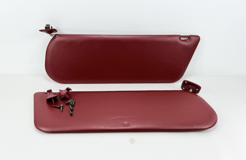 1987-1996 Ford F150 F250 F350 Bronco Red Vinyl Sun Visors Pair w/ Clips OEM