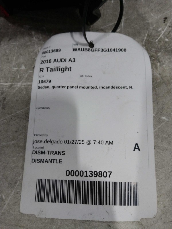 2016 AUDI A3 Right Tail Light Assembly OEM Used 670543 117k Miles