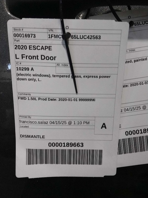 2020 Ford Escape Left Door Grey OEM Used 4DR SUV 125K Miles NJ25-16973-426019