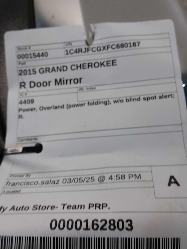 Used Right Door Mirror fits: 2015 Jeep Grand cherokee Power Limited power foldin