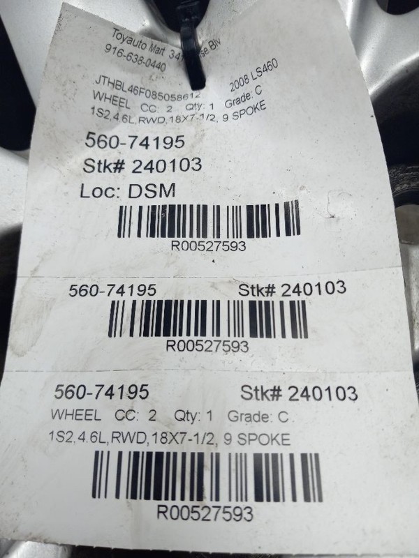 07 08 09 10 11 12 LEXUS LS460 ALLOY WHEEL 18X7-1/2 9 SPOKE 527593
