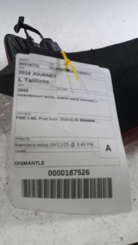 2016 Dodge Journey Left Tail Light Assembly Grey 327073 77K Miles