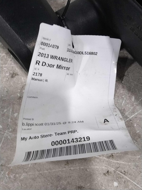2013 Jeep Wrangler Right Door Mirror Assembly - Used, 103k Miles, No OEM