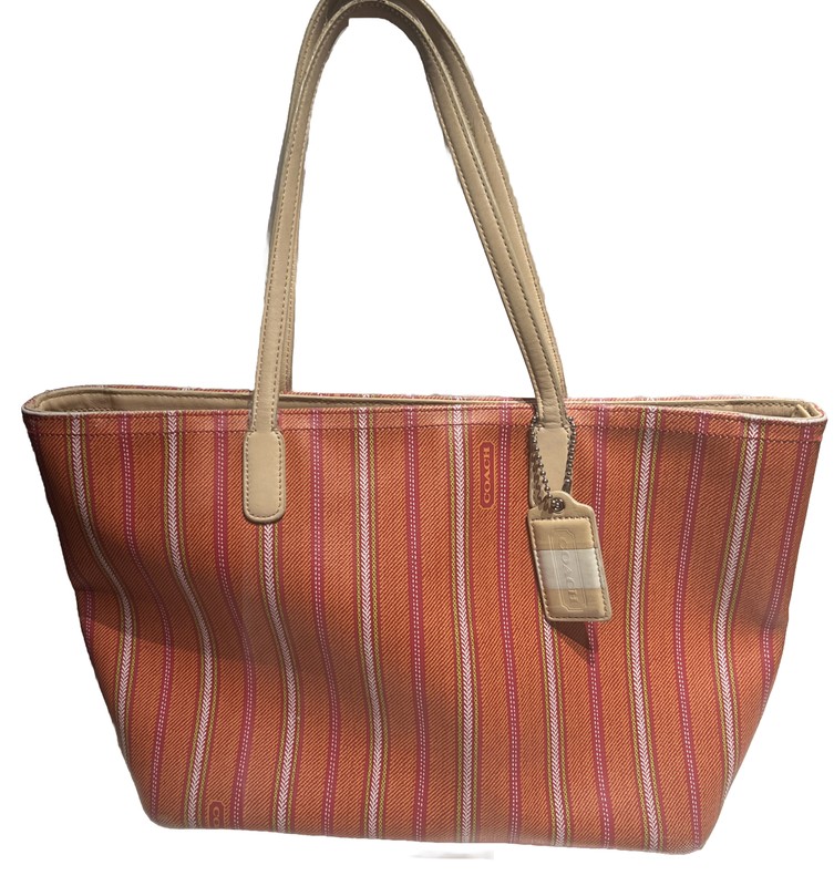 Coach Legacy Tote Bag 23108 Orange Stripe Coated Canvas Leather Handles