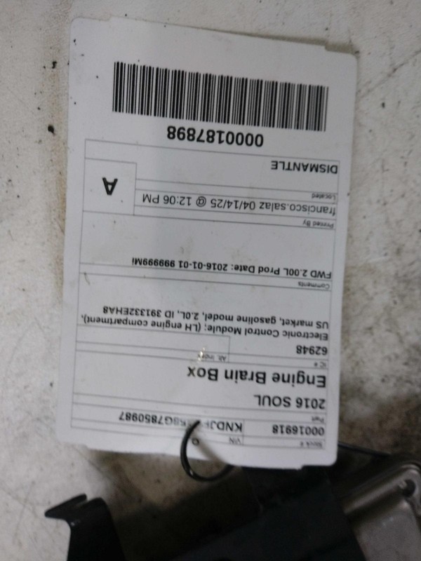 2016 KIA SOUL Engine Control Module (ECM) OEM 391332EHA8 119K Miles FWD