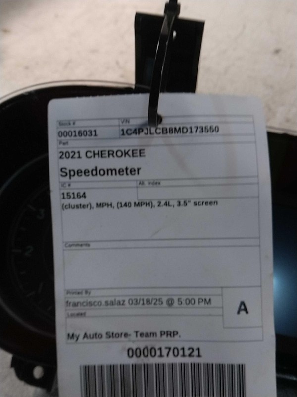 Used Speedometer Gauge fits: 2021 Jeep Cherokee cluster MPH 140 MPH 2.4L 3.5`` s