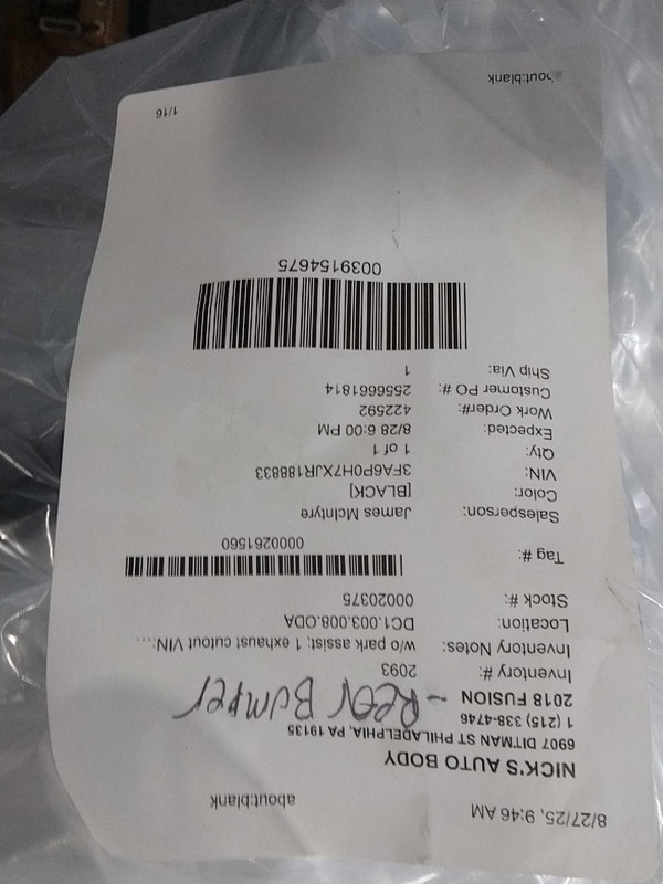 2018 Ford Fusion OEM Black Rear Bumper Assembly - Used, 143K Miles
