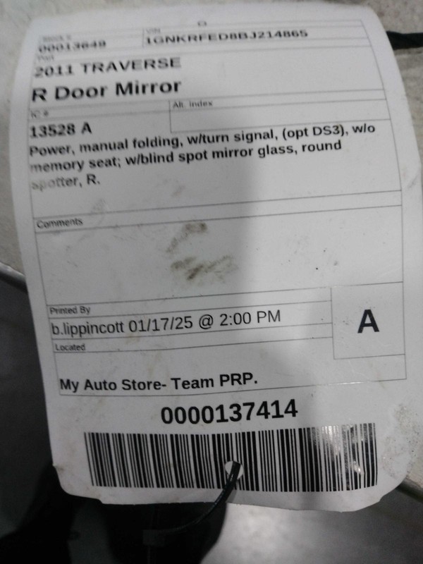 2011 Chevrolet Traverse Right Door Mirror Assembly - Used, 232K Miles