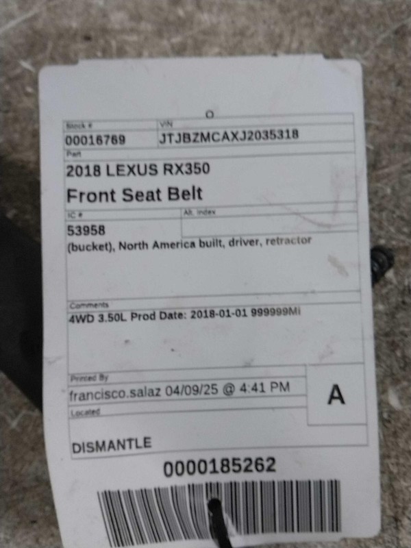 2018 Lexus RX350 OEM Silver Seat Belt 85K Miles Genuine Part NJ25-16769-421236