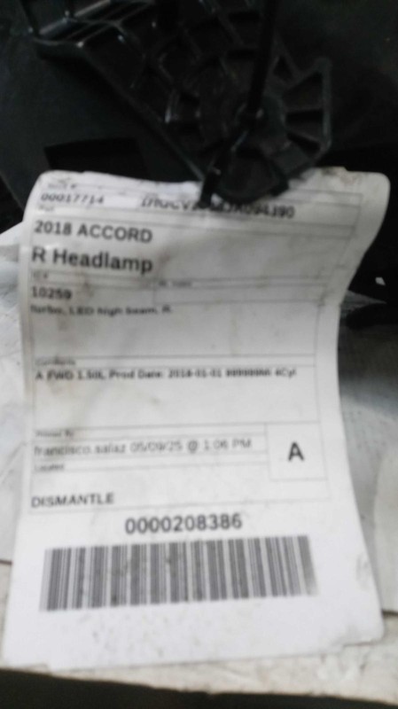 2018 Honda Accord Right Headlight Assembly Black OEM 644565 Used 85K Miles