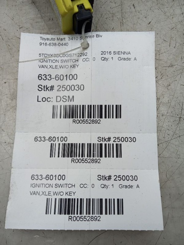 15 16 17 18 19 20 TOYOTA SIENNA XLE IGNITION SWITCH WITHOUT KEY