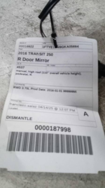 Used Right Door Mirror fits: 2016 Ford Transit 150 manual high roof 110`` overal