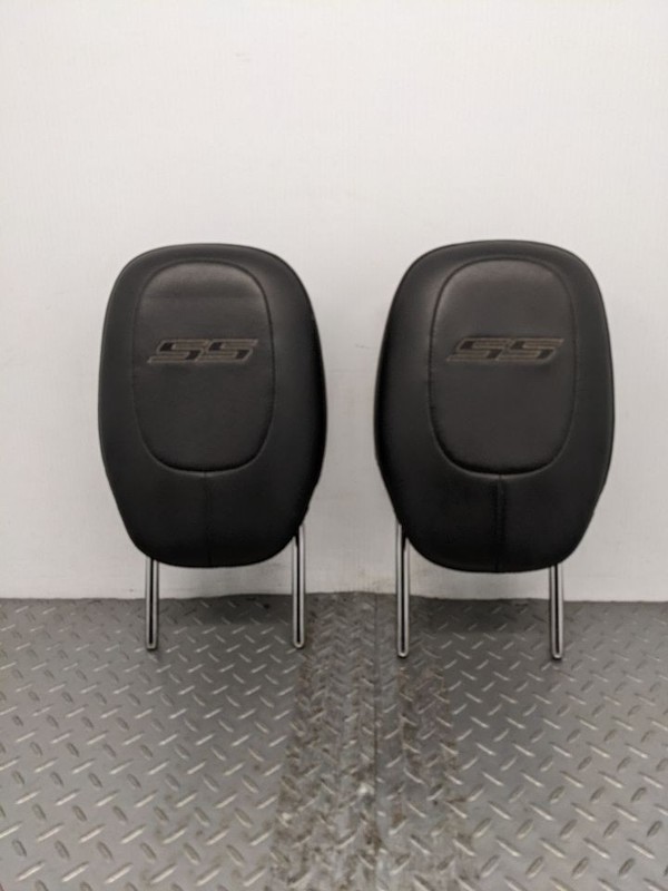 10-15 Camaro SS BLACK LEATHER White Stitch Front Seat Head Rest Pair Two 1192742