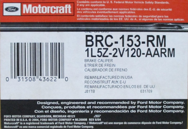 REMANUFACTURED MOTORCRAFT BRC-153-RM FRONT RIGHT CALIPER 141.65049 FORD EXPLORER