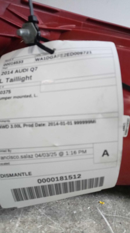 2014 AUDI Q7 Left Tail Light Assembly Black - 94K Miles, OEM Quality