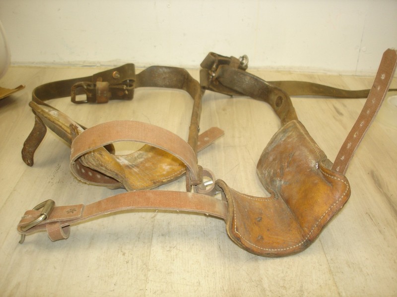 2 Vintage Lineman Gaffs Tree Pole Climbing Spikes w/ leathers