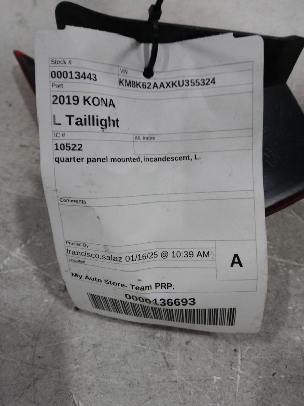 2019 Hyundai KONA Left Tail Light Assembly Orange 664679, 69000 Miles