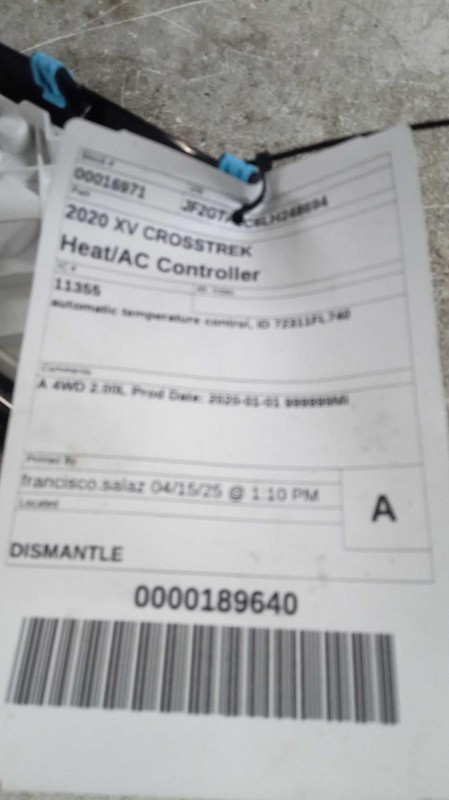 2020 Subaru XV Crosstrek A/C Selector Switch OEM 72311FL740 White 46K Miles