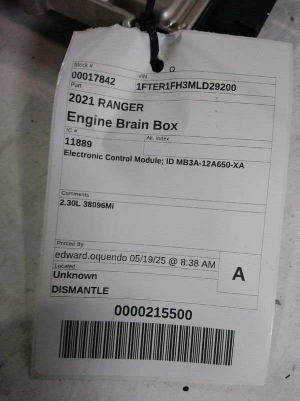2021 Ford Ranger Engine Control Module ECM OEM MB3A12A650XA 38K Miles Grey
